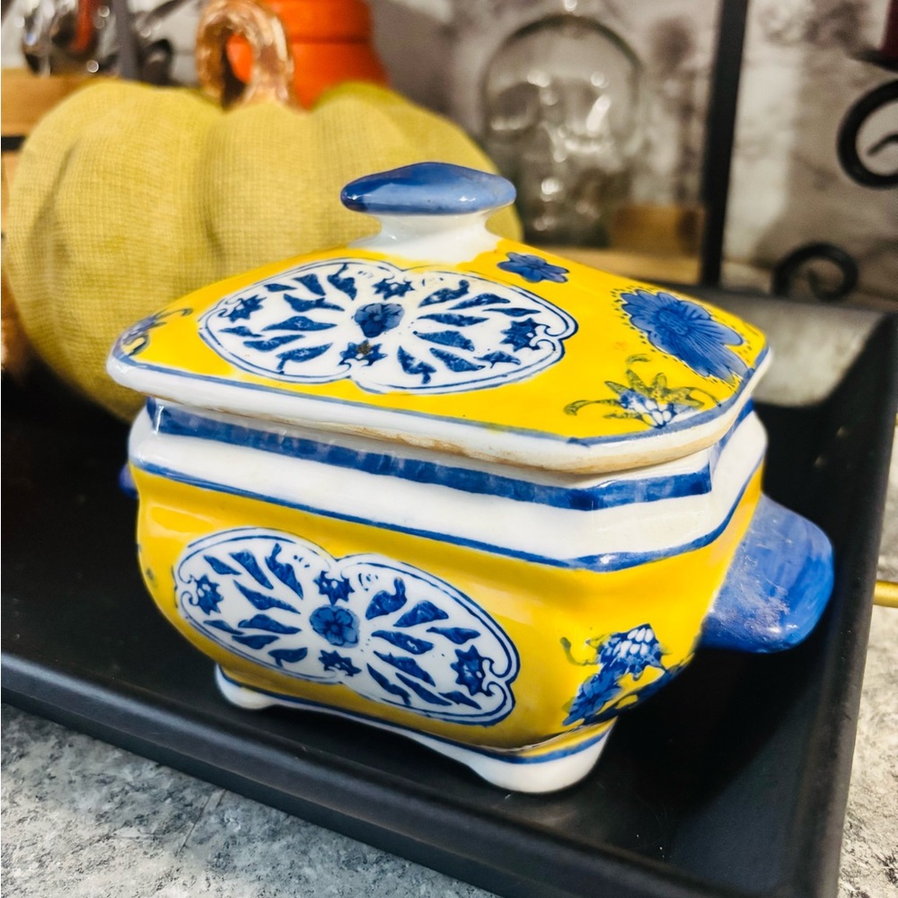 Vintage Chinese Ceramic Yellow Lidded Trinket Box w/ Blue Flowers Vibrant Colors